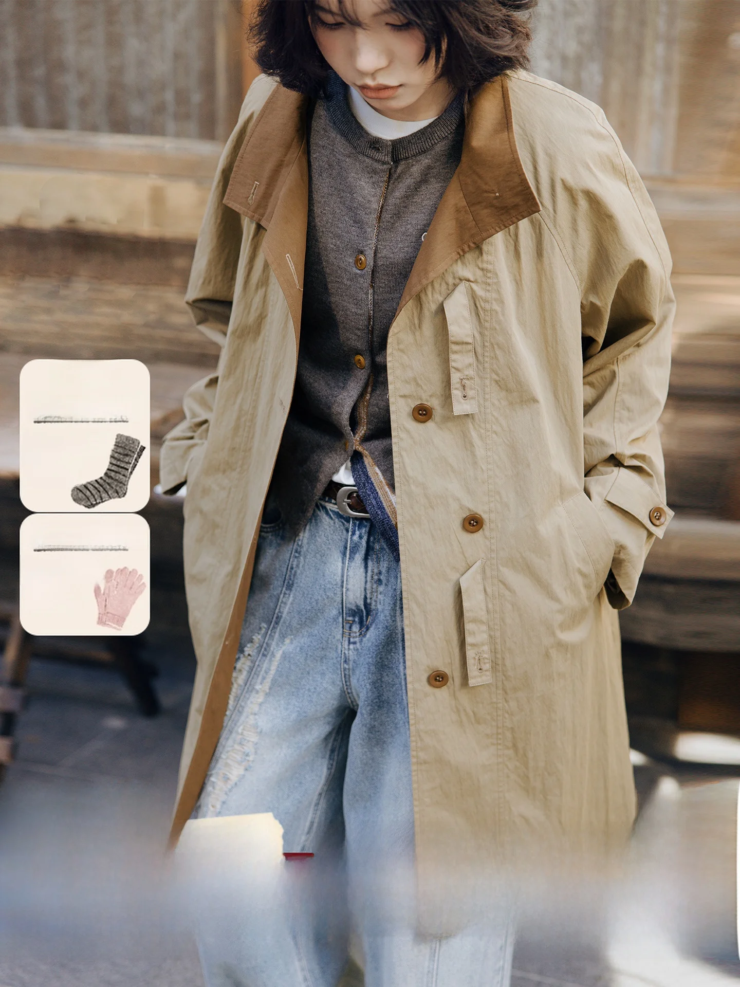 

Octopusme Women's Mid-Length Jaet Color Blo Vintage Free Sle Cotton Blend Windbreaker Korean Casual Straight Cut Coat