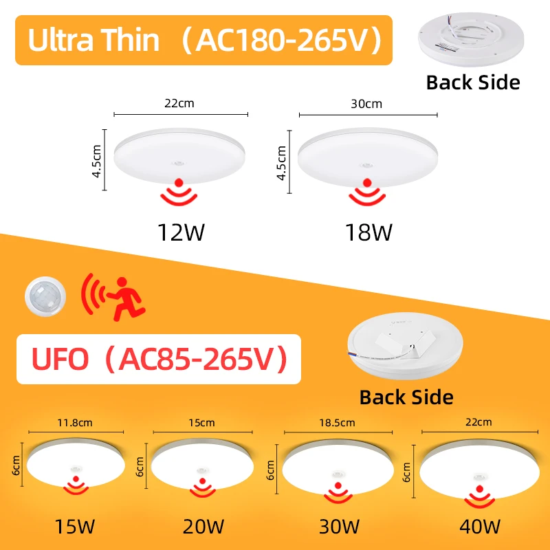 Sensor de movimento Lâmpadas de teto, luzes modernas, luz noturna, PIR 85-265V, 20W, luminárias para casa, varanda, corredor