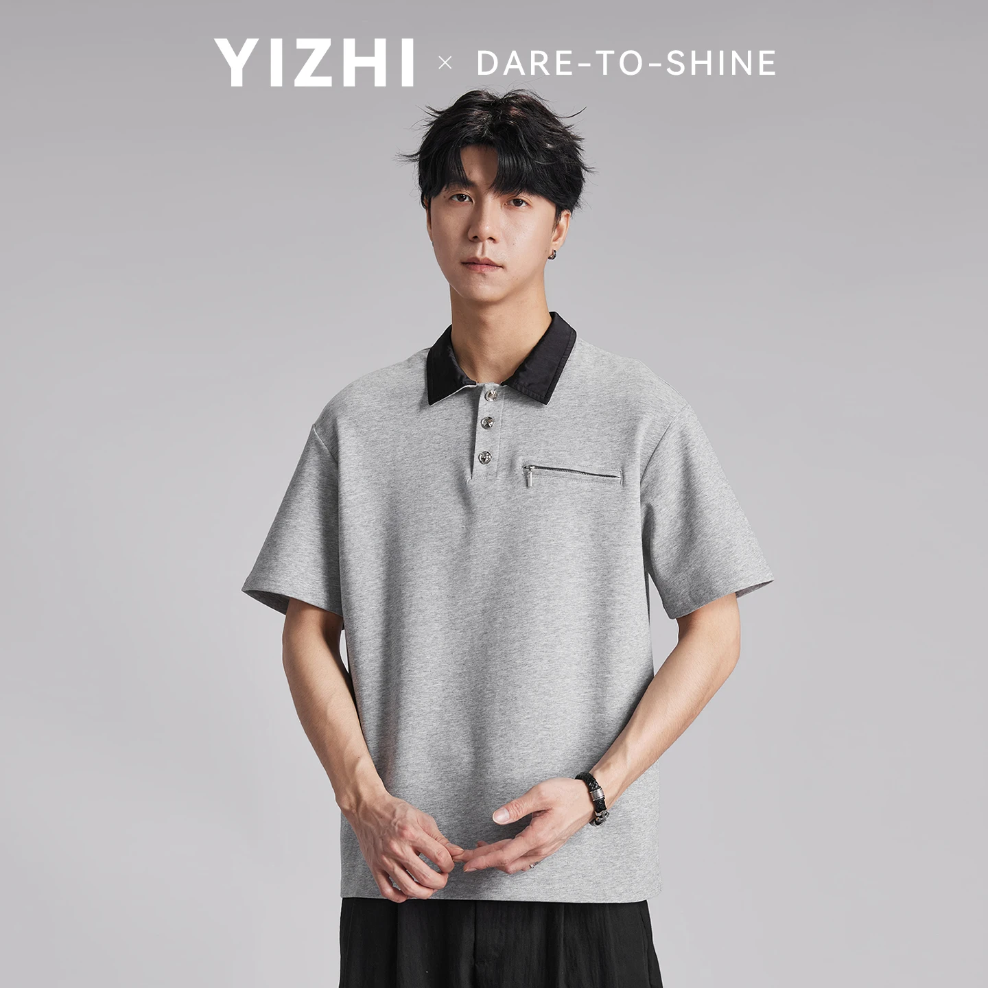 240g Heavyweight Color Block Lapel Zipper Polo Shirt Men Summer Korean Style Skin-Friendly Versatile Trendy Short Sleeve Top