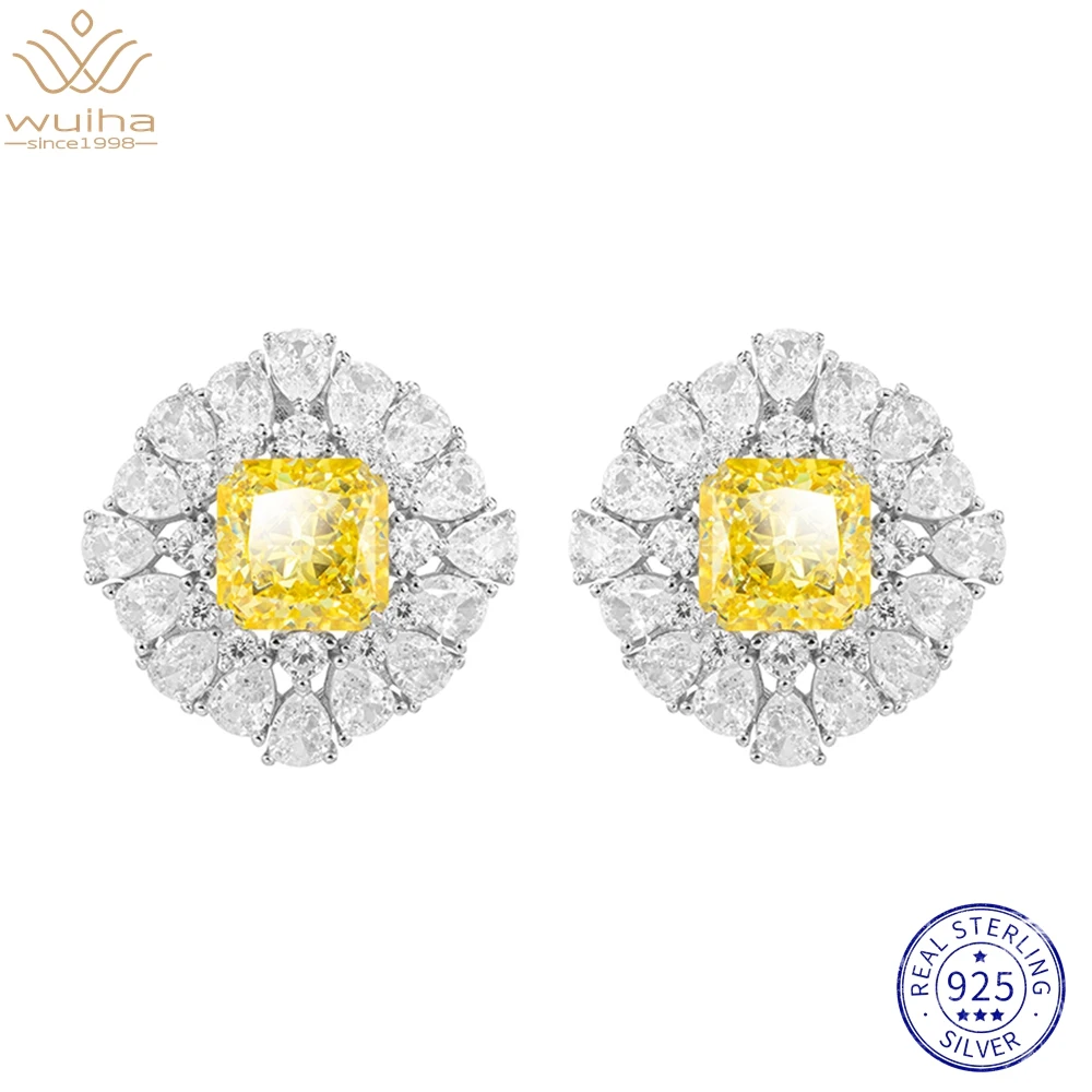 WUIHA Real 925 Sterling Silver Crushed Ice Cut 3CT Yellow Sapphire Created Moissanite Diamond Ear Studs Earrings for Women Gifts