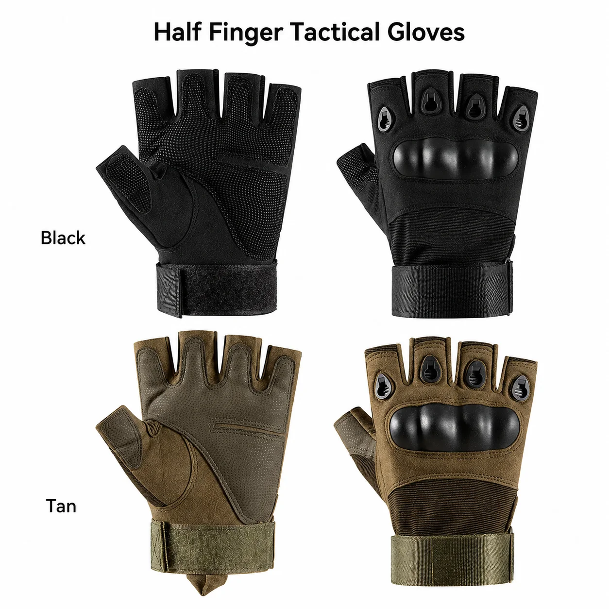 Half Finger Outdoor Gloves Textured Palm Grip Hard Knuckle Shell Adjustable Wrist Strap for Cycling Hiking Camping Gym Black Tan