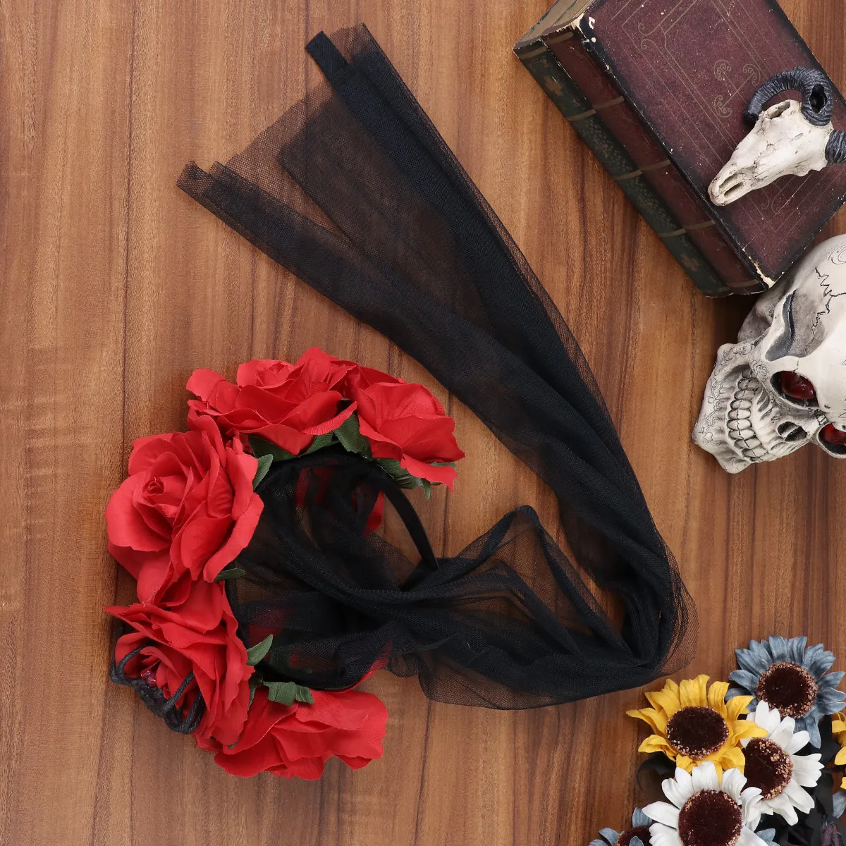 

Рождественская повязка на голову с красной розой и пауком, кружевная фата с пряжкой, аксессуар для костюма на Хэллоуин, карнавальный аксессуар для женщин