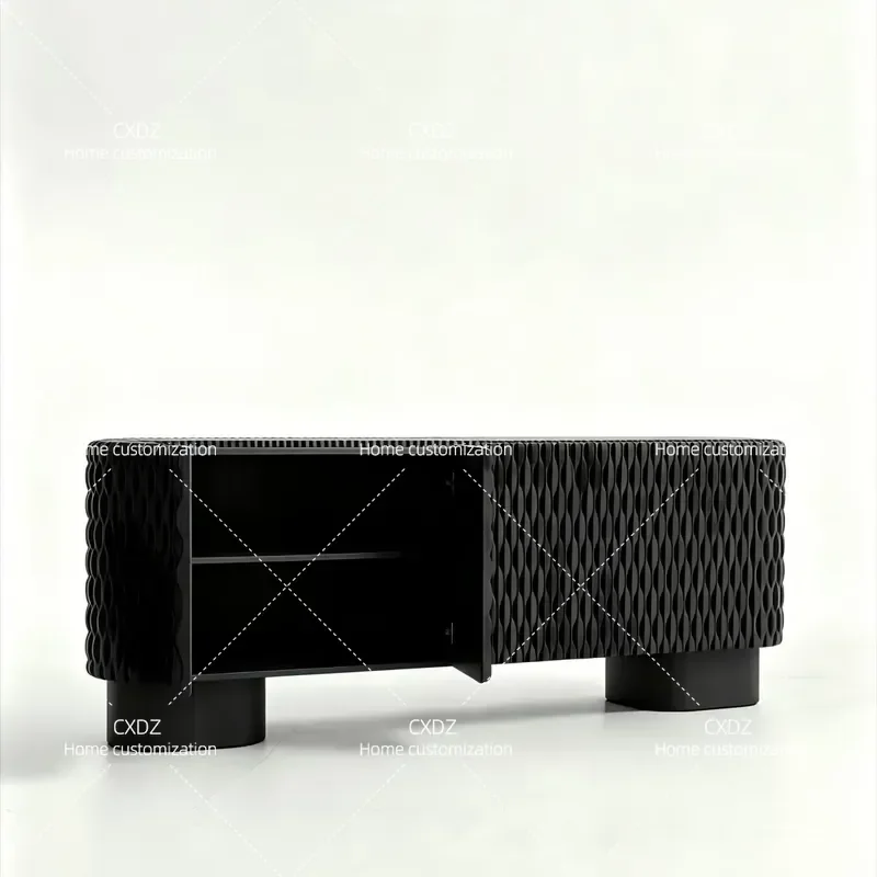 3D Water Ripple TV Cabinet Wabi Sabi Style Black Low Console Storage Unit for Small Apartment Living Room Modern Minimalist