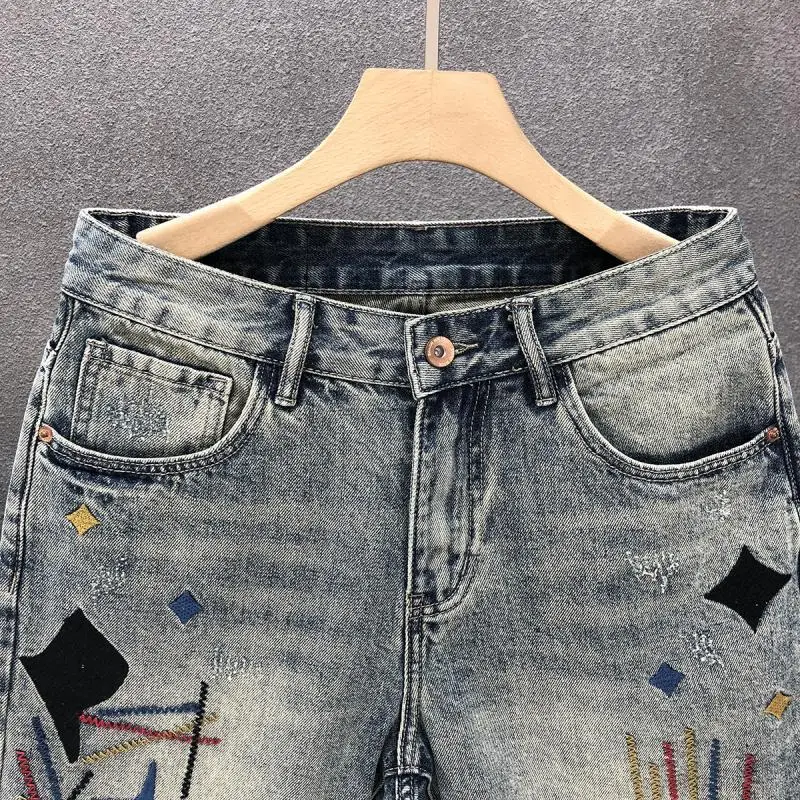 ルーズメンズショートジーンズパンツストレートリッピング男性バミューダデニムショーツ伸縮性ジッパー夏カットストリートデザイナー Xl