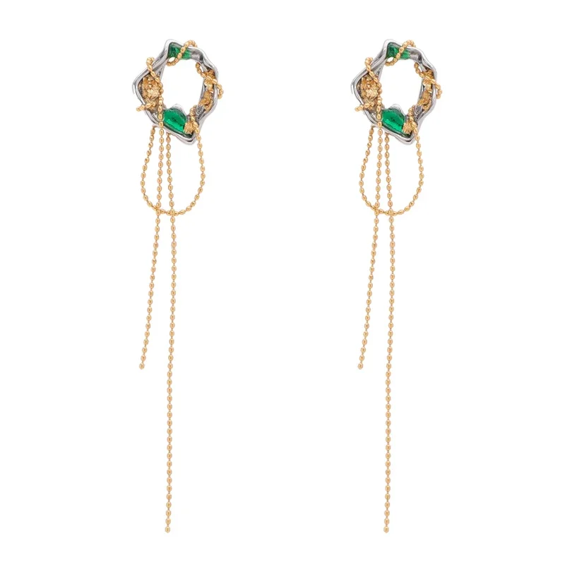 

Hollow lava earrings women's long temperament emerald tassel