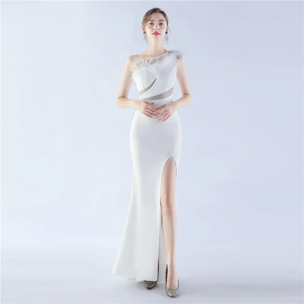 Evening Dress White Stone Jersey Feather One Shoulder Zipper Back Sleeveless Mermaid Trumpet Slit Floor Length Women Party Gown