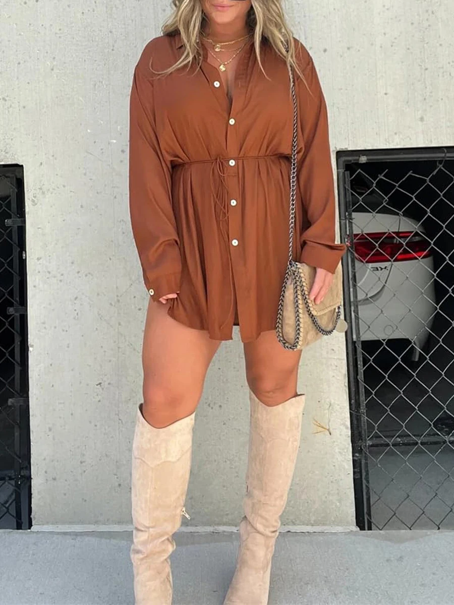 

Women Long Sleeved Shirt with Waistband Fashionable Jumpsuit Long Sleeved Drop Collar Button Down Shirt Tight Fitting Street