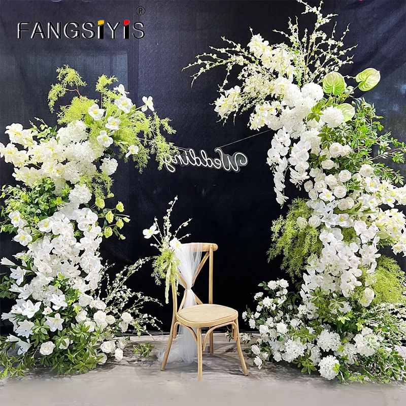 

White Green Plant Wedding Backdrop Horn Arch Frame Floral Arrangement Rose Eucalyptus Leaf Table Centerpiece Row Window Display