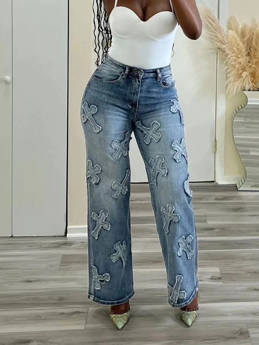 Damenmode Frühling und Herbst neue Vintage gewaschene Denim Quaste Kreuz Hip-Hop gerade Bein 9-Zoll-Hose