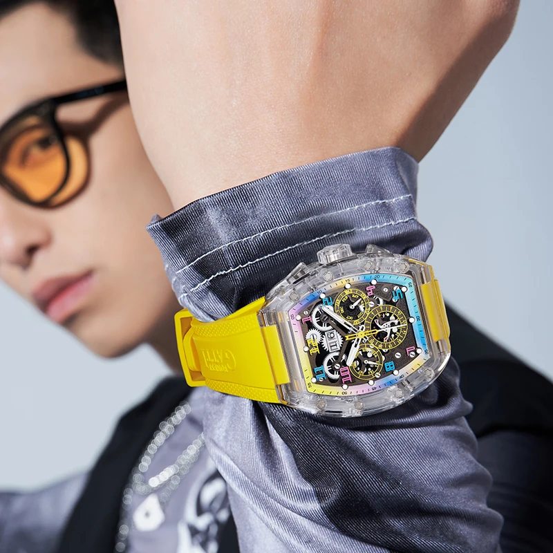 BONEST GATTI Men's Automatic Mechanical Watch with Crystal Glass CaseLuminous Rubber Strap Multi-Function Dial Luxury Wristwatch