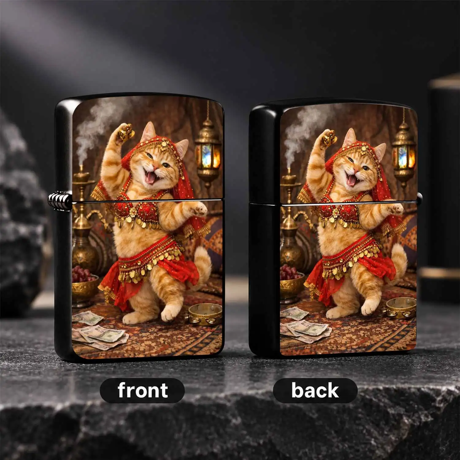 Cute Ginger Cat Belly Dancer Themed Lighter, Exotic Red Gold Print Chubby Tabby Dancing Kitten Design, Portable Delicate Daily Use Ignition Tool, Ideal For Party Gathering Gift Personalized Decor Carrying Accessory Interesting And Humorous