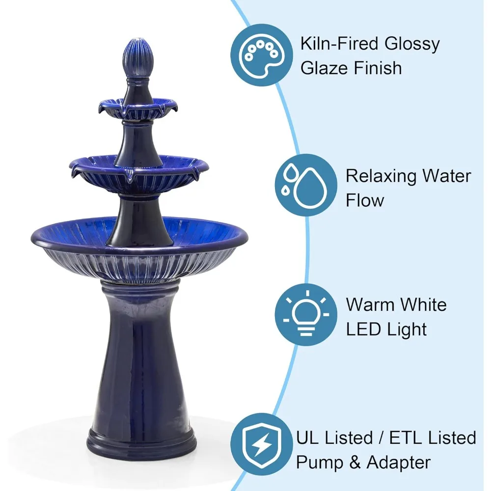 نافورة مياه خارجية بحامل أرضي مع ضوء LED ومضخة كبيرة الحجم 3 طبقات من السيراميك الكوبالت الأزرق نافورة الفناء #3