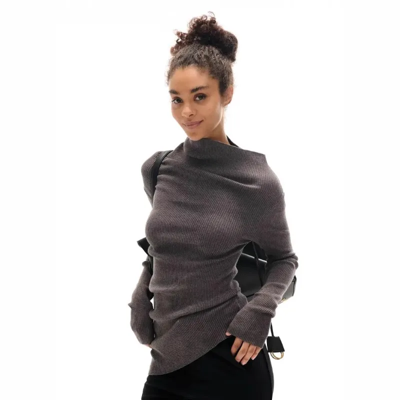Women Asymmetric Slant Turtleneck Knit Sweater Long Sleeve Ruched Slim Fit Ribbed Pullover Irregular Hem Elegant Casual Knit Top