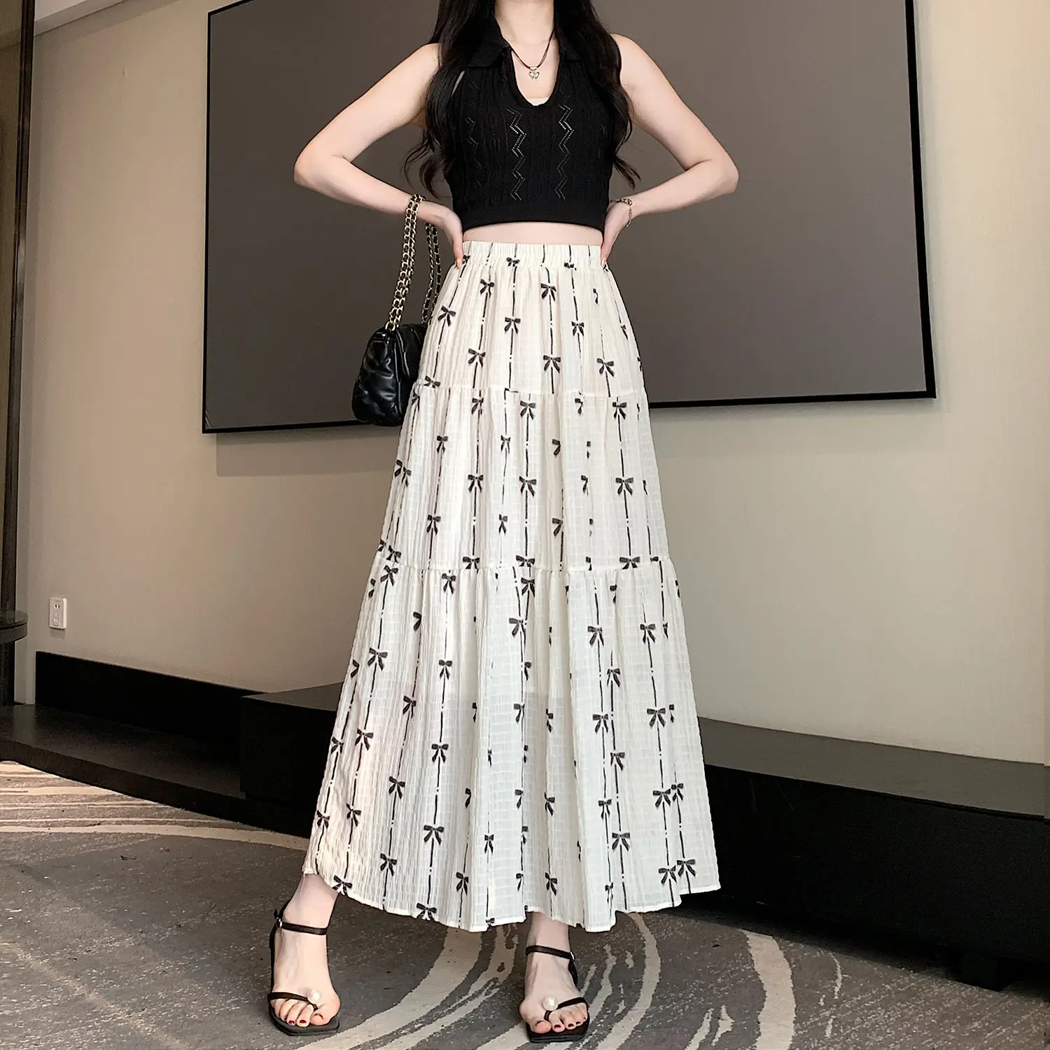 

Summer New Bow Print Mid-Length Skirt High Waist Patchwork Pleated Flared Long Skirt