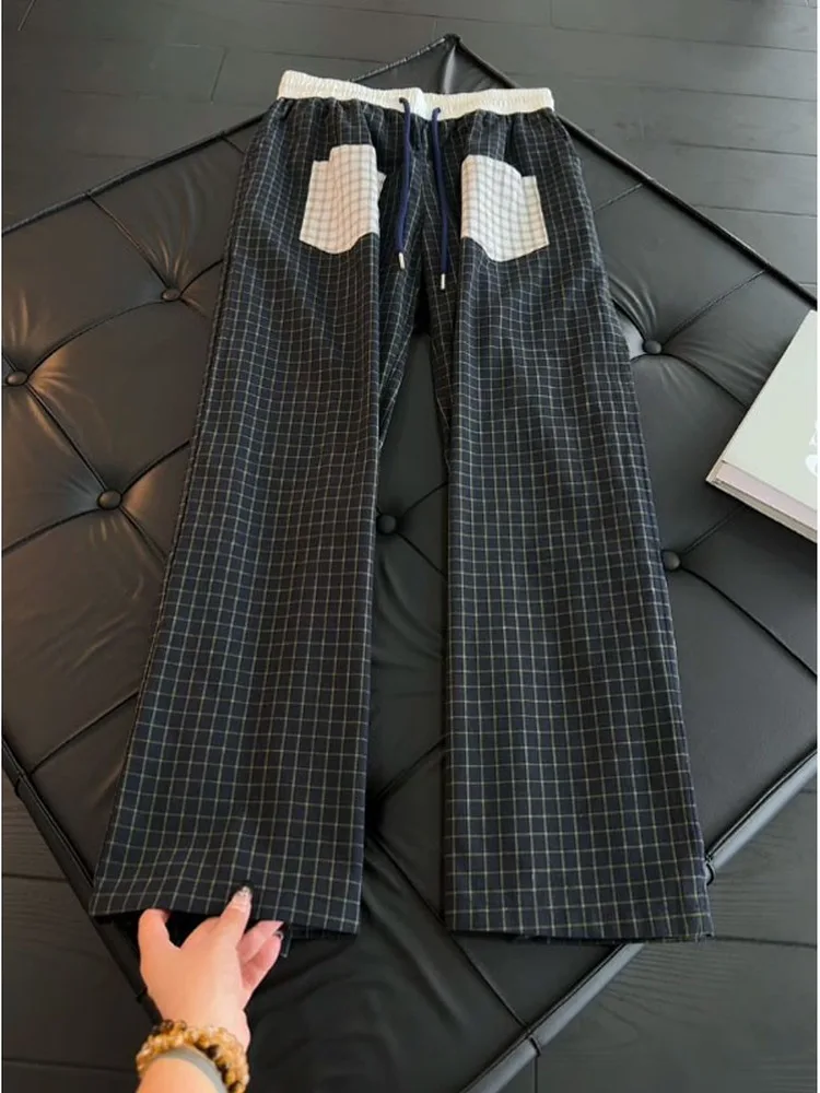Loose Straight Leg Plaid Casual Pants American Patch Design Men's Fashionable Trousers Comfortable Loose Fit Men's Long Trousers