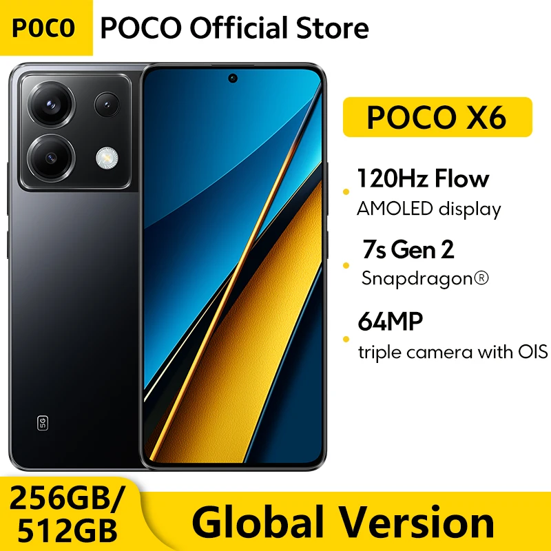 글로벌 버전 POCO X6 5G 6.67 AMOLED 디스플레이, 스냅드래곤 7s 2 세대 스마트폰, 120Hz AMOLED 디스플레이, 64MP 카메라, OIS 67W 충전