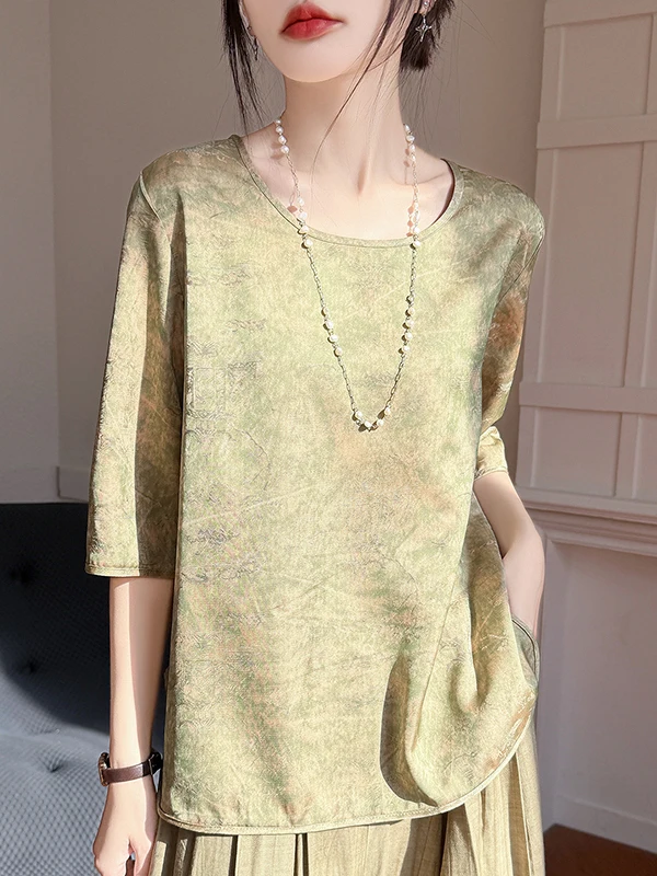 

Ele Loose Silk ort Sve T-irt with Floral Embroidery Traditional Chinese Sle Slimming Seven-Quarter Sve Top