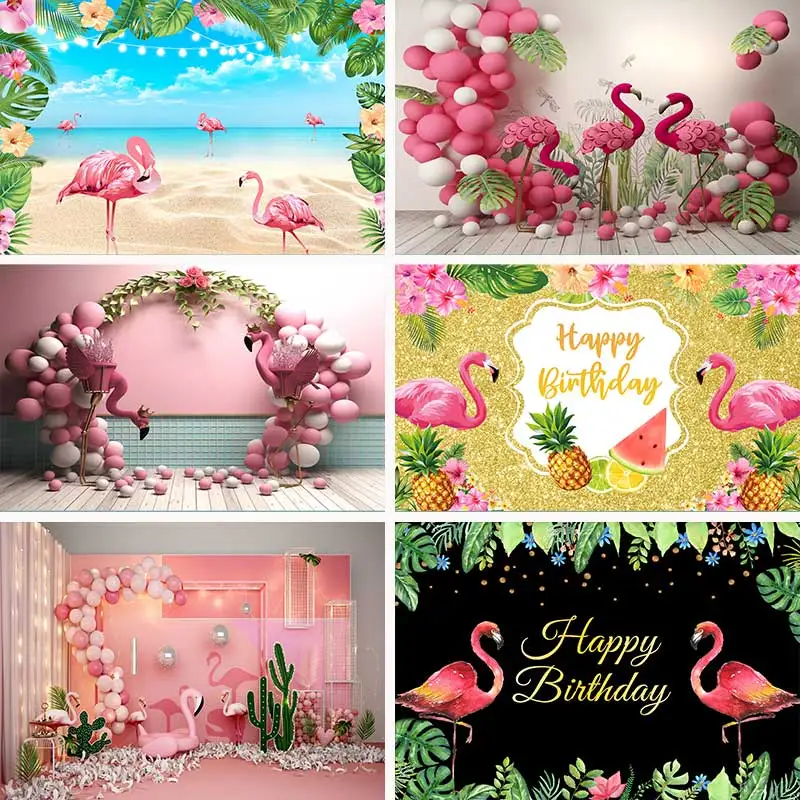 

Фон для детской фотосъемки с изображением фламинго, страусиных розовых страусиных шаров