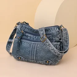 Borsa a tracolla in denim con cerniera tinta unita multifunzionale 2024 Borsa a tracolla di grande capacità con filo per cucire di alta qualità per donna