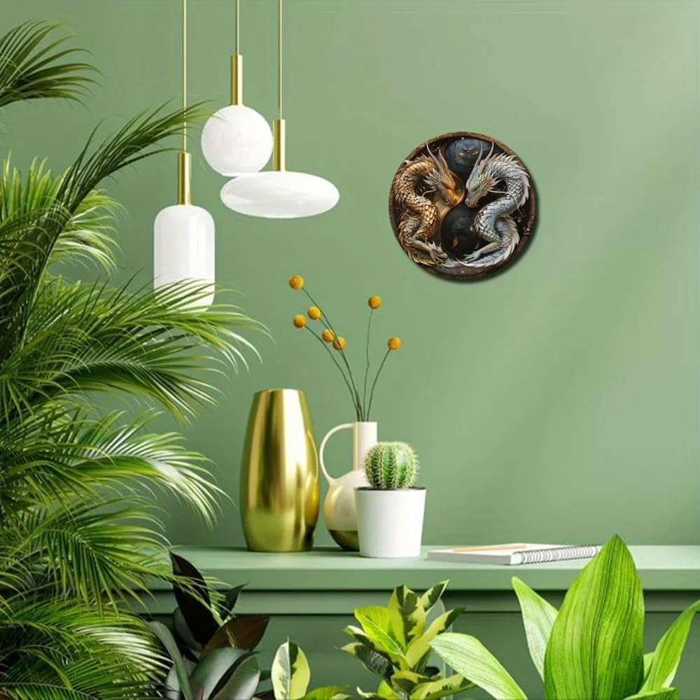 Tanda datar aluminium bulat 2D, dekorasi pintu seni dekorasi naga, seni dinding gantung, ornamen gantung, kamar, rumah, dekorasi dinding