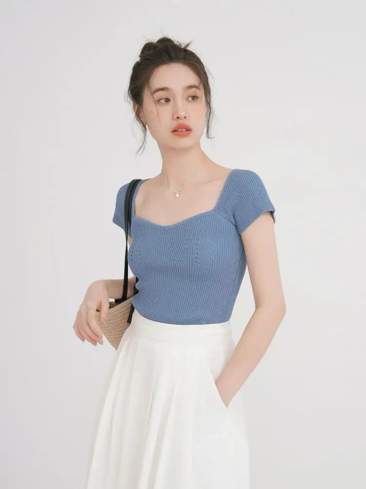 

Французская мода, синие элегантные офисные женские вязаные топы с квадратным v-образным вырезом и короткими рукавами, летняя простая универсальная праздничная футболка, одежда