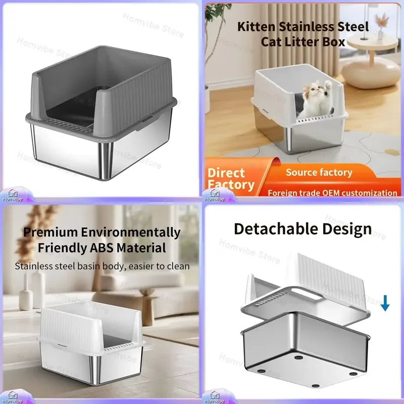 Stainless Steel Cat Litter Box with High Sides Cover Anti Spill Urine Leakage Easy Clean Shovel Large 60L Capacity Eco