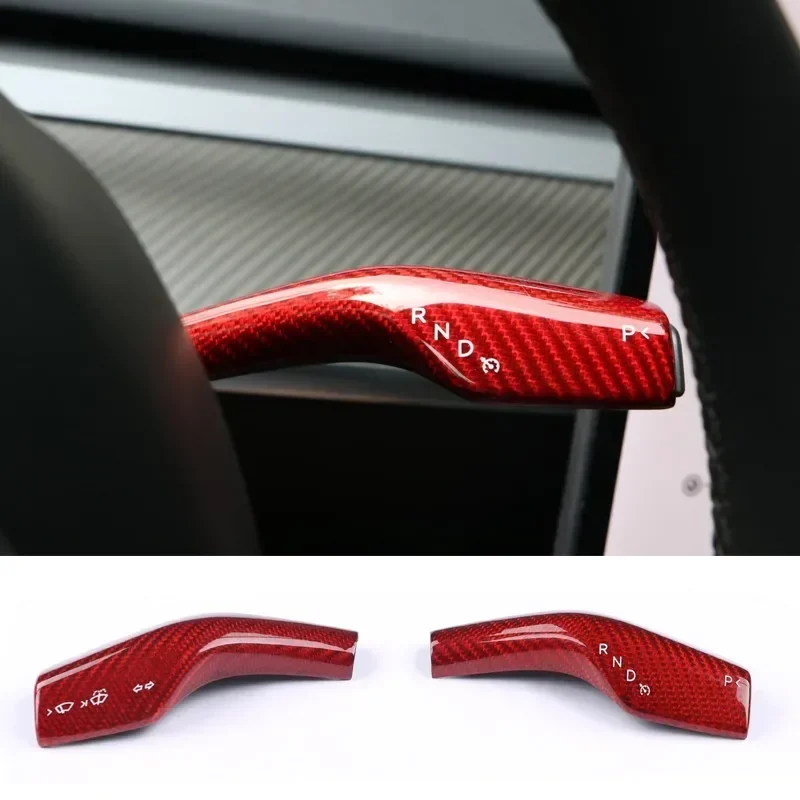 2pcs Column Shift Protection Cover Glossy Carbon Fiber Red Color Gear Shift Paddle Cover For Tesla Model 3 Y 2023-2017 Accessory