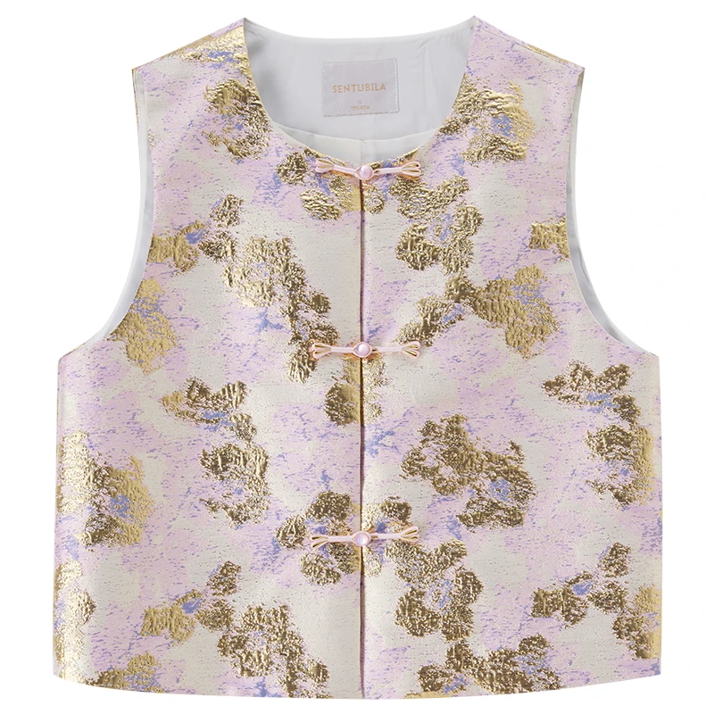 Sentubila mulher jaqueta coletes vento nacional estilo chinês em torno do pescoço colete de três cores superior curto sem mangas colete 153jd1942