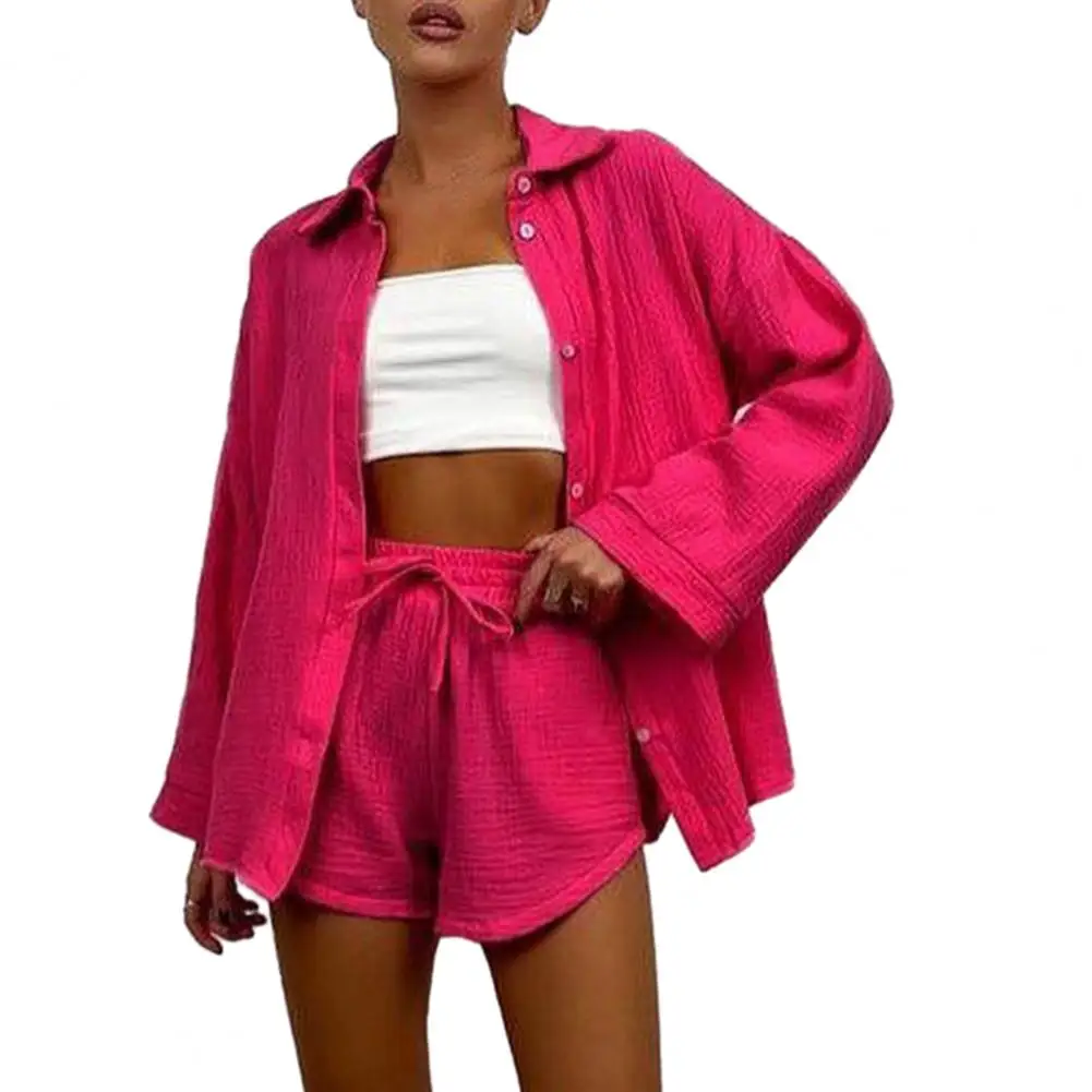 Women Casual Suit Women's Lapel Shirt Shorts Set with High Waist Drawstring Elastic Waist Solid Color Summer Outfit for Ladies 2