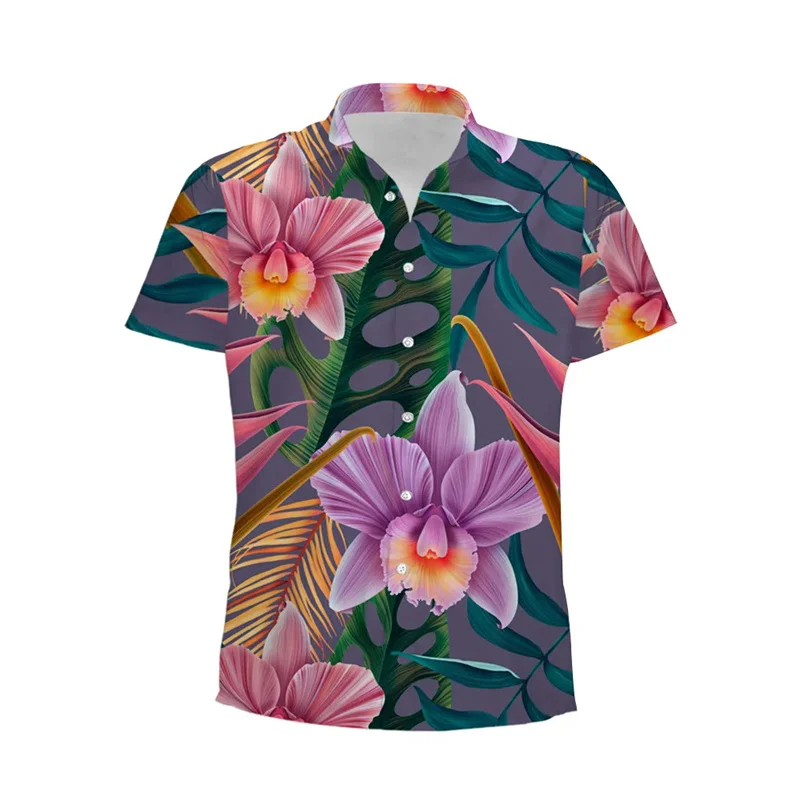 Flamingo camisa havaiana impressão 3D masculina, padrão animal vegetal, camisa de manga curta, tops de lapela férias praia, camisas Aloha soltas