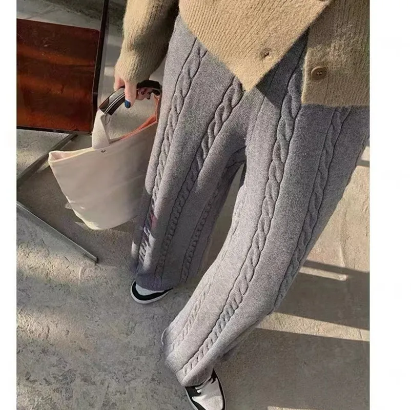 

Женские вязаные брюки, однотонные теплые прямые брюки до щиколотки, повседневные длинные брюки с эластичной резинкой на талии, женские толстые осенне-зимние брюки