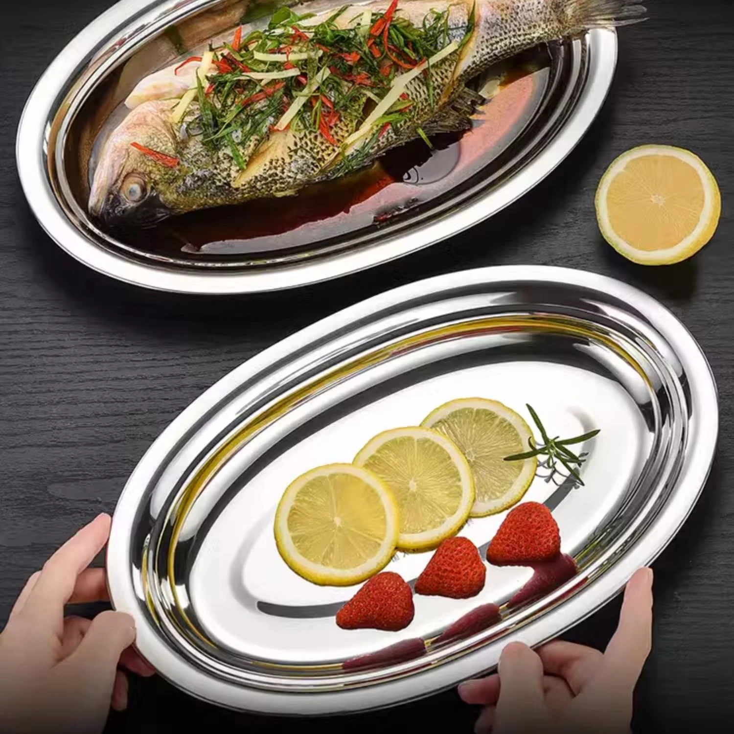 

LFGB Certification Pure 304 Stainless Steel Kitchen Oval Plate Well Polished Reflective Fish Dish 26~40cm Elliptical Tray