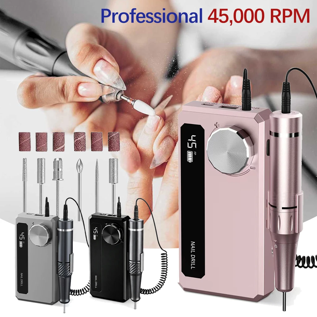 Perceuse à ongles électrique professionnelle 45000 tr/min, Portable, Rechargeable, à faible bruit, lime à sable, polisseuse pour usage domestique