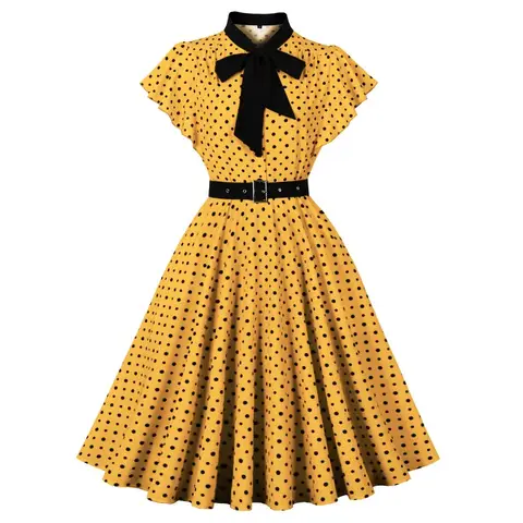 Womens Slim Knee Length Retro Polka Dot Floral Short Sleeve Round Neck Dress