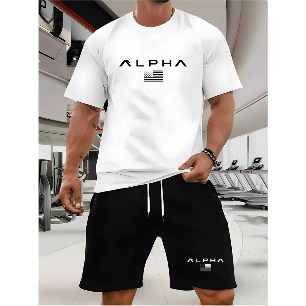 

Spring and summer new two-piece men's running T-shirt and short casual elastic round neck sports suit comfortable quick drying