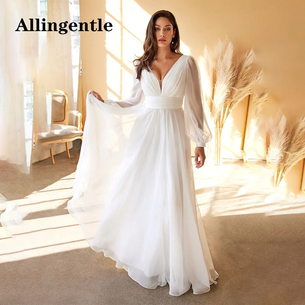 Allingentle Women Chiffon Bridesmaid Dresses Long Sleeves Wedding Dress V-Neck A-Line Floor-Length Evening PArty Gown Customized