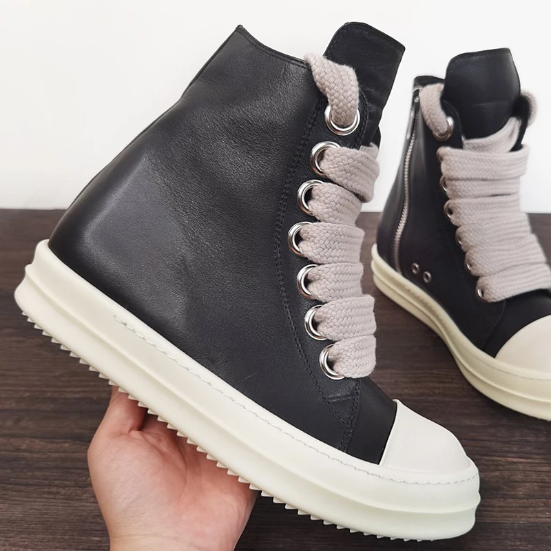 Sapatos casuais de couro para homens e mulheres, tênis preto com cadarço, cadarço jumbo, monocromático, na moda