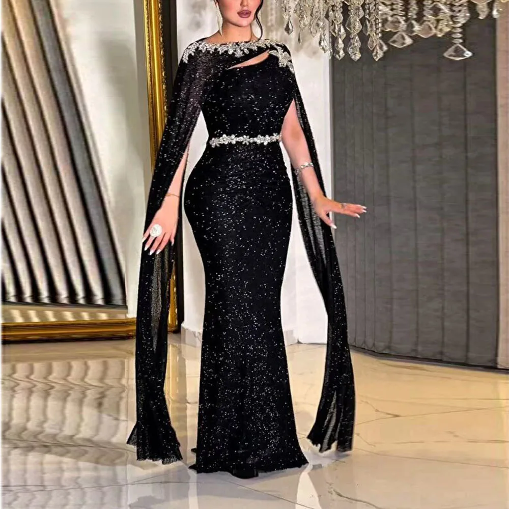 Customized Brilliant Evening Dress with Cape One Shoulder Mermaid Formal Occasion Gown Crystal Belt Fishtail vestidos de noche