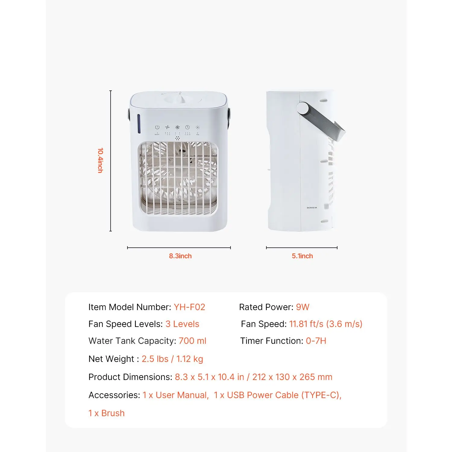 Portable Air Conditioner, 4-in-1 Evaporative Air Cooler, 3-Speed Mini Air Conditioner with 0-7H Smart Timer, 700ml Water Tank, 7-Color Light, Personal Mini Desk AC Fan for Bedroom Office Room