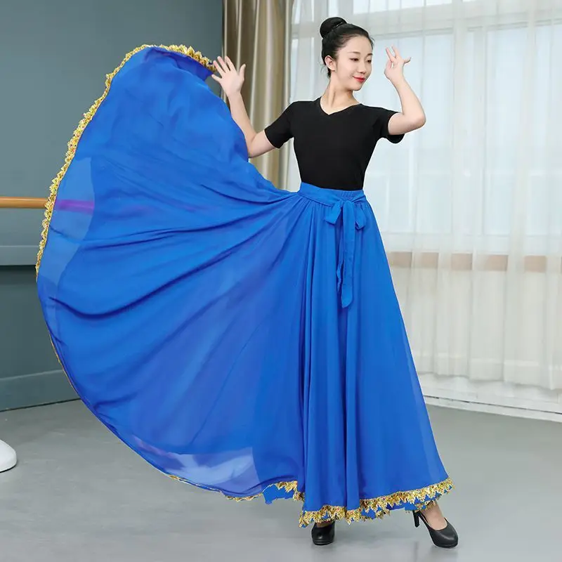 720-Degree Full-Swing Dance Skirt Gold-Edged Full-Swing Skirt Lace-Trimmed Skirt Classic Ethnic-Style Dance Skirts Chiffon