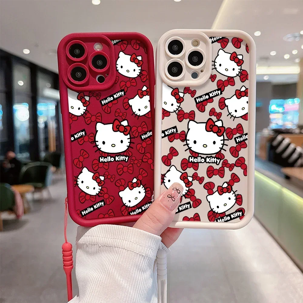 Cute Sanrios Bow Hello Kitty Phone Case for IPhone 15 14 13 12 11 Pro Max Mini XR XS X 7 8 Plus Soft Back Cover With Hand Strap