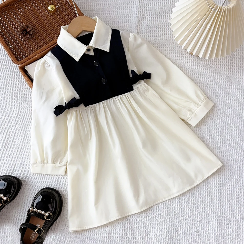 

Girls Fashion Cute Clothes Turn-down Collar Long Sleeve A-Line Dress 1 Pc 3-7 Years Kids Simple Casual Wear