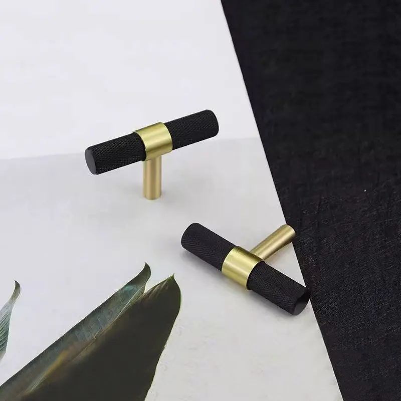 Knurled Textured Brass Cabinet Handles Black Bedroom Wardrobe Pulls Modern T Bar Kitchen Cupboard Door Knobs Furniture Hardware