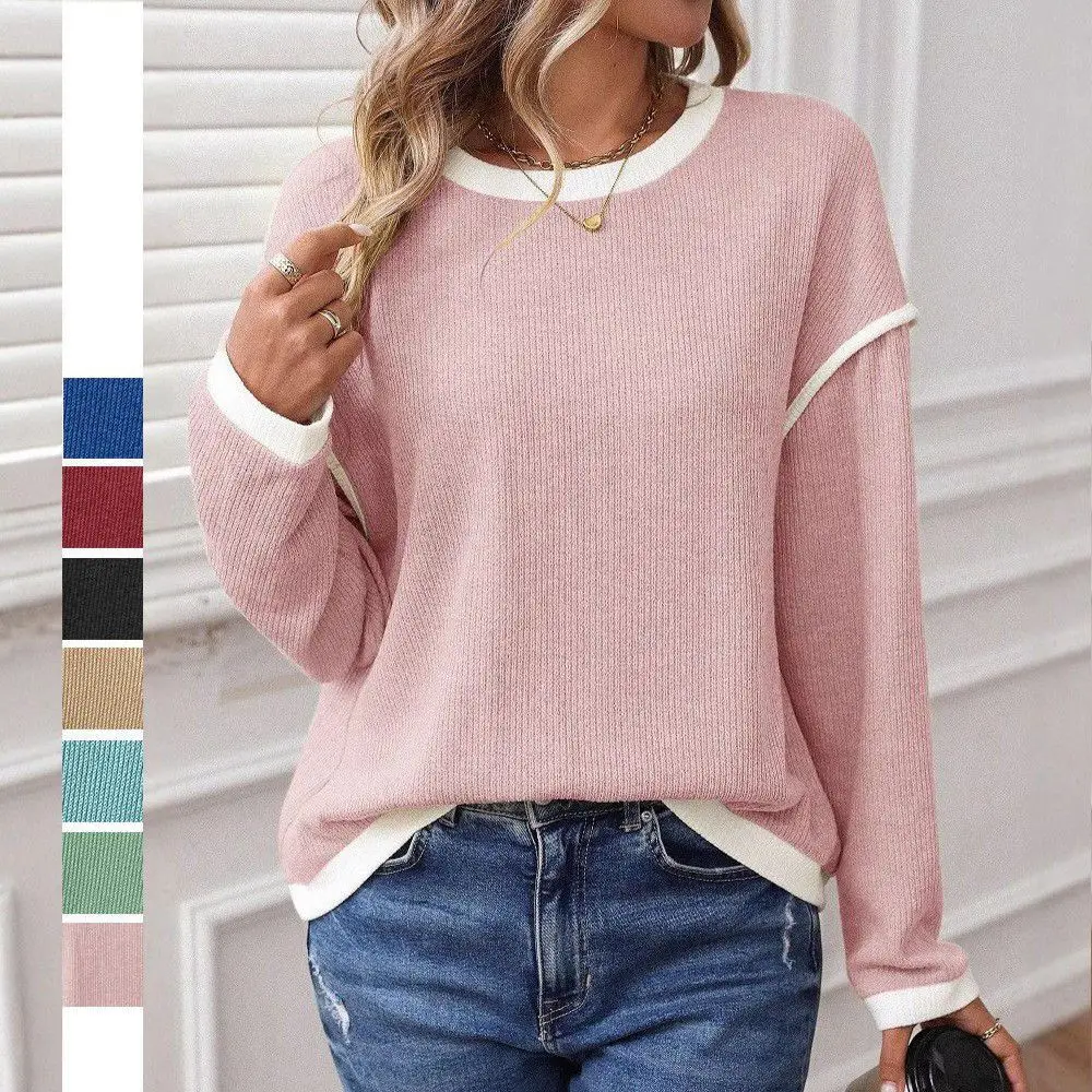 

Women's Casual Contrast Trim Ribbed Knit Sweater Long Sleeve Crew Neck Loose Fit Pullover for Daily Wear