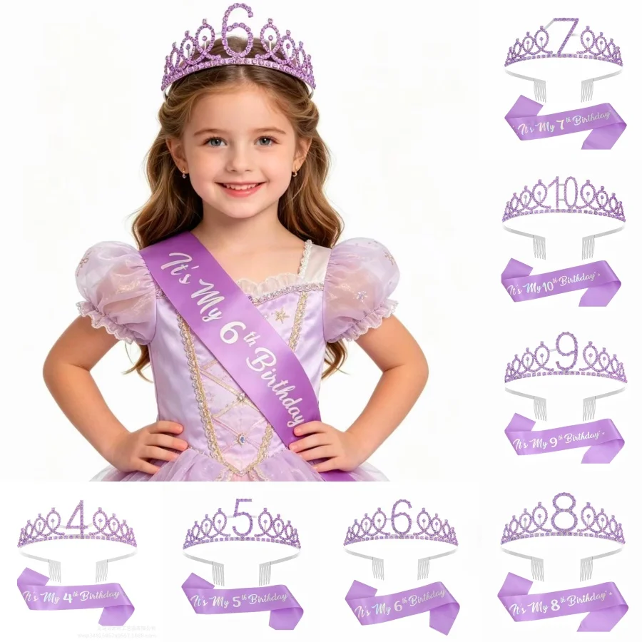 Juego de 2 Piezas, Corona y Banda de Cumpleaños para Mujeres y Niñas de 3, 4, 5, 6, 7, 8, 9 y 10 Años, Recuerdos y Decoraciones para Fiestas de Cumpleaños