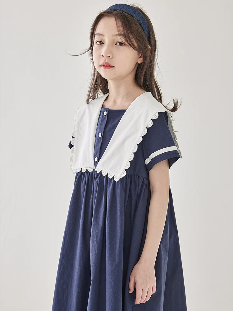 

Children Clothes Kids Girls Navy Lace Collar Dress Classic Blue and White Preppy Dress Summer Cotton Princess Dress Short sleeve