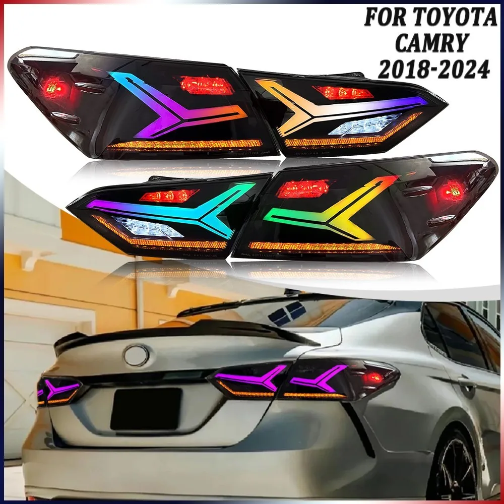 

1 пара дымовых светодиодных задних фонарей RGB в сборе для Toyota Camry 2018-2024, задние лампы багажника, аксессуары Plug and Play