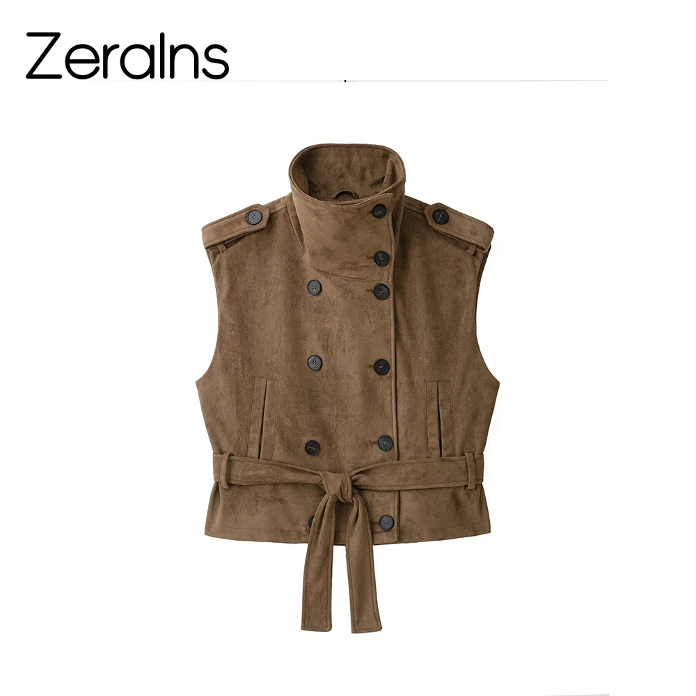 ZERAINS European and American style autumn new product women's stand up collar with belt versatile texture effect vest