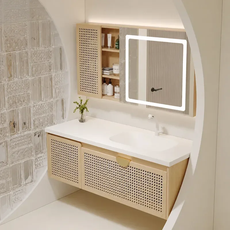 Log Style Woven Rattan Bathroom Cabinet with Oak Frame and Corian Integrated Basin Modern Vanity Unit for Toilet Sink