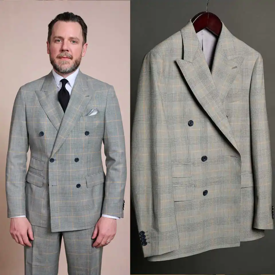 

Клетчатые современные свадебные костюмы для жениха, двубортные смокинги с остроконечными лацканами, куртка и брюки, вечерняя вечеринка, выпускной, по индивидуальному заказу